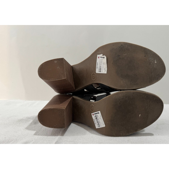 FARYL By Faryl Robin BUCKLE Black Sandals Heels Caged Lace Up Sz 8 Vegan Suede - Picture 6 of 7